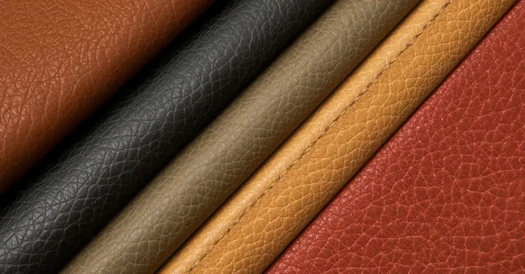 Faux leather material samples in brown, black, tan, and red arranged side by side.