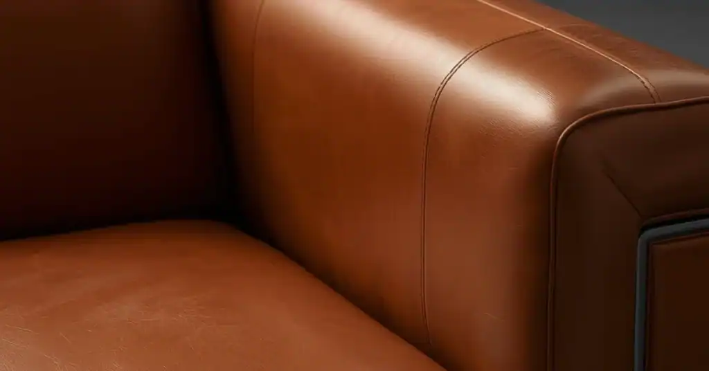 Close-up of a brown faux leather sofa arm and seat with smooth texture and stitched seams.