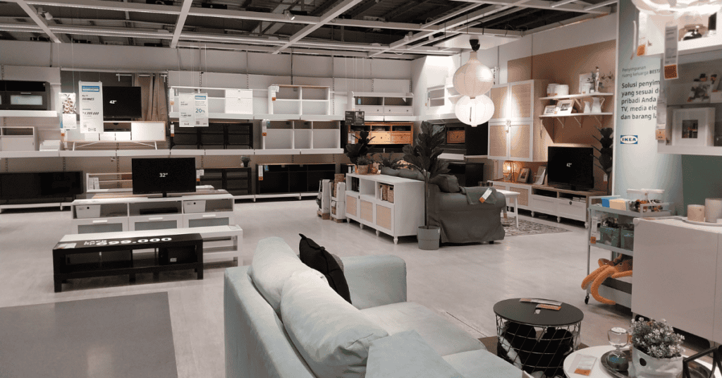 modern furniture showroom with sofas, shelves, and home furniture displays