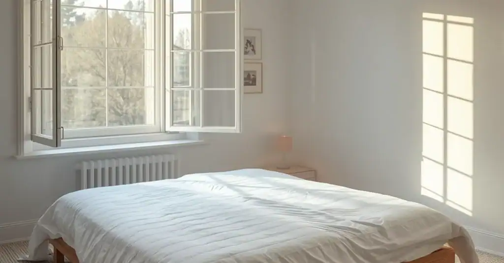 Bright bedroom with an unmade bed near an open window and soft natural light.
