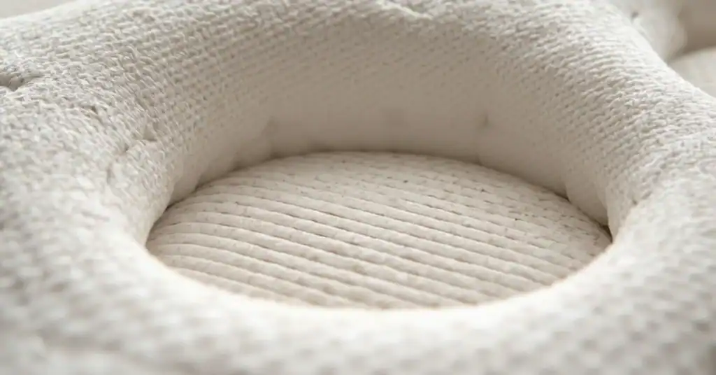 Close-up of a white tufted mattress surface showing soft quilted fabric and textured stitching.