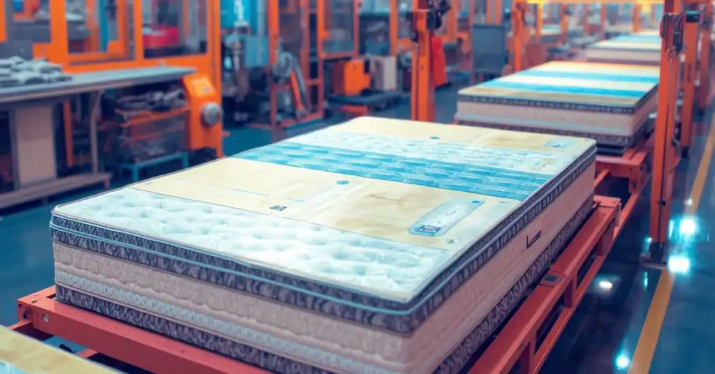 Mattresses moving through a factory assembly line with layered construction visible in a manufacturing setting.