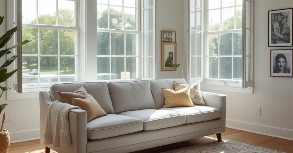 New sofa in a bright living room with large open windows and natural light