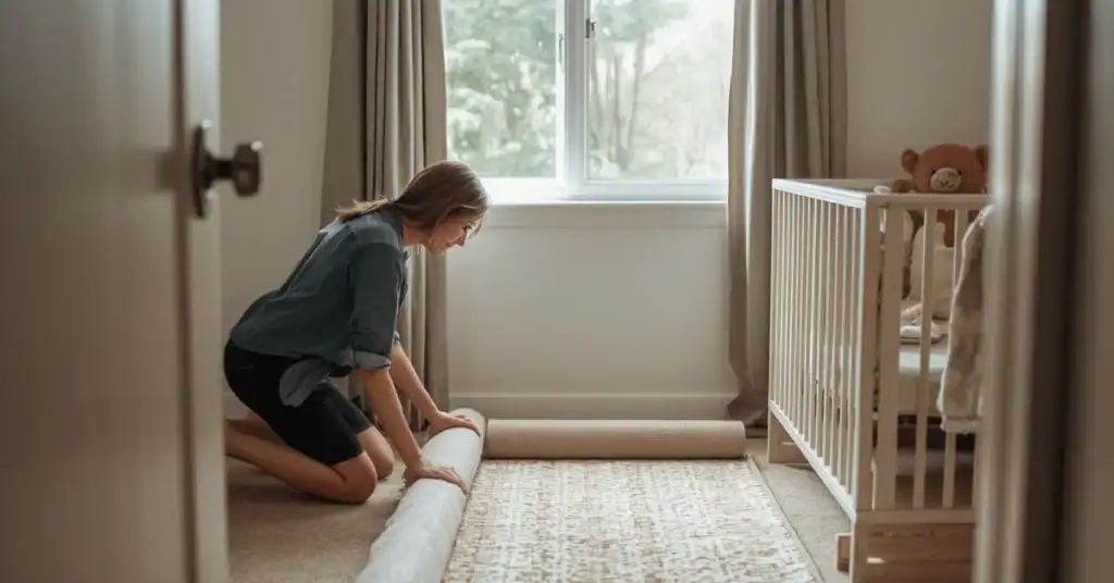 Parent unrolling a new area rug in a bright nursery beside a crib and open window
