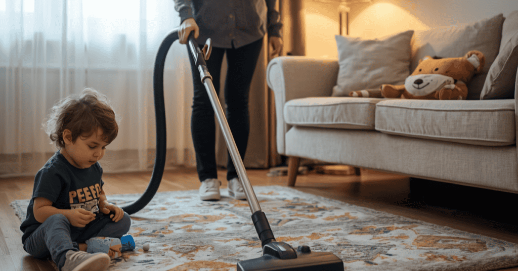 parent vacuuming a living room rug while a child plays near the sofa