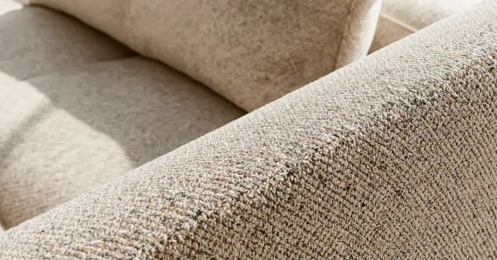 Close-up of beige woven sofa upholstery showing thick textured performance fabric in natural light.