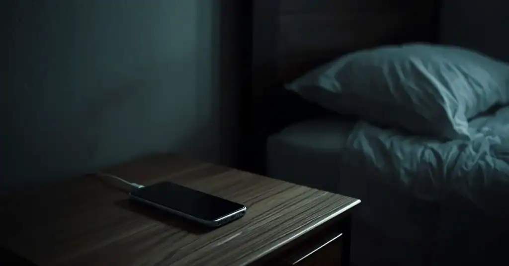 Phone charging on a bedside table next to a bed at night