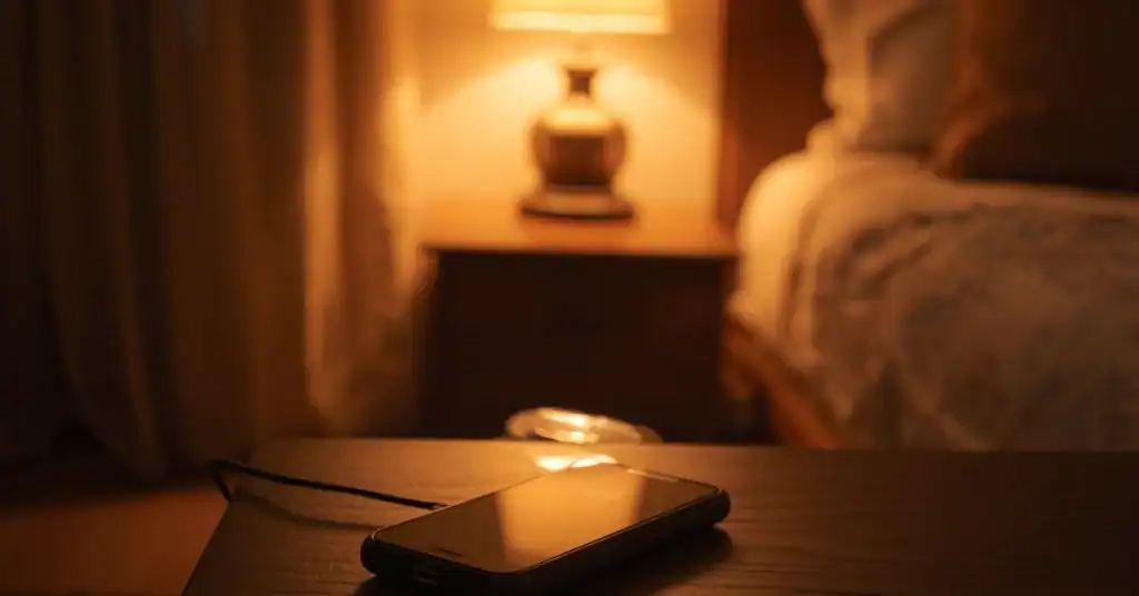 Phone charging on a table away from the bed at night