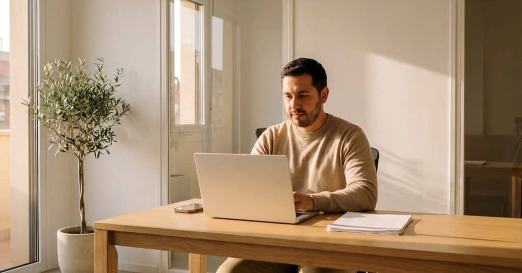 Person working on a laptop with a phone resting on the desk