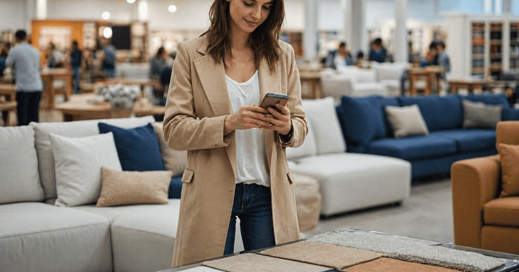 shopper checking furniture details on a phone while standing in a sofa showroom