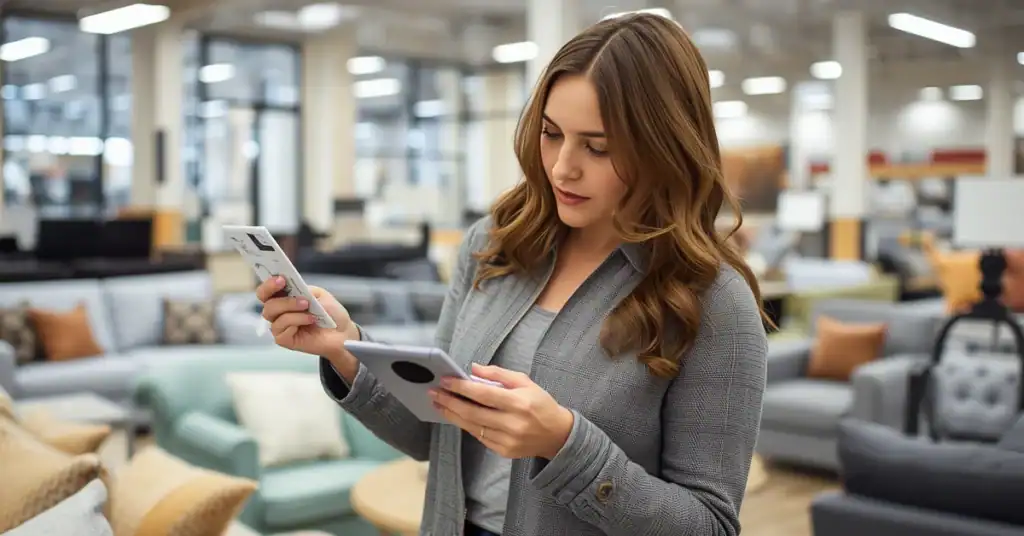 Woman in a furniture showroom comparing sofa product information on her phone and tablet.