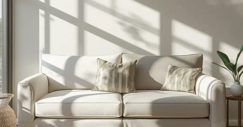 Neutral slipcovered sofa in a bright living room with soft natural light