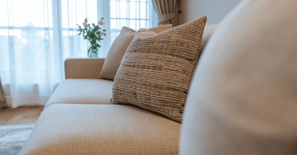 close-up of a beige sofa cushion and textured pillow in a bright living room