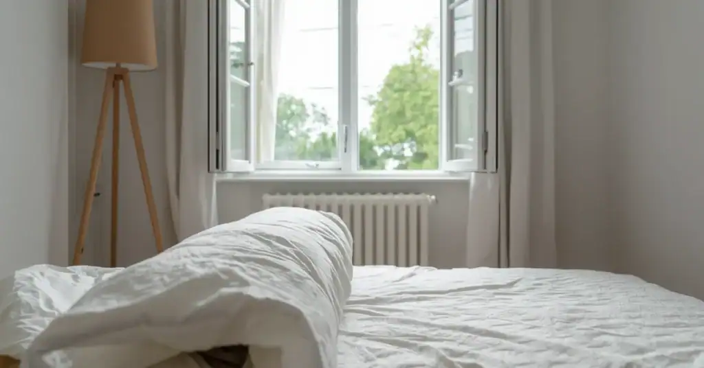 Rolled mattress topper airing out on a bed in a bright bedroom