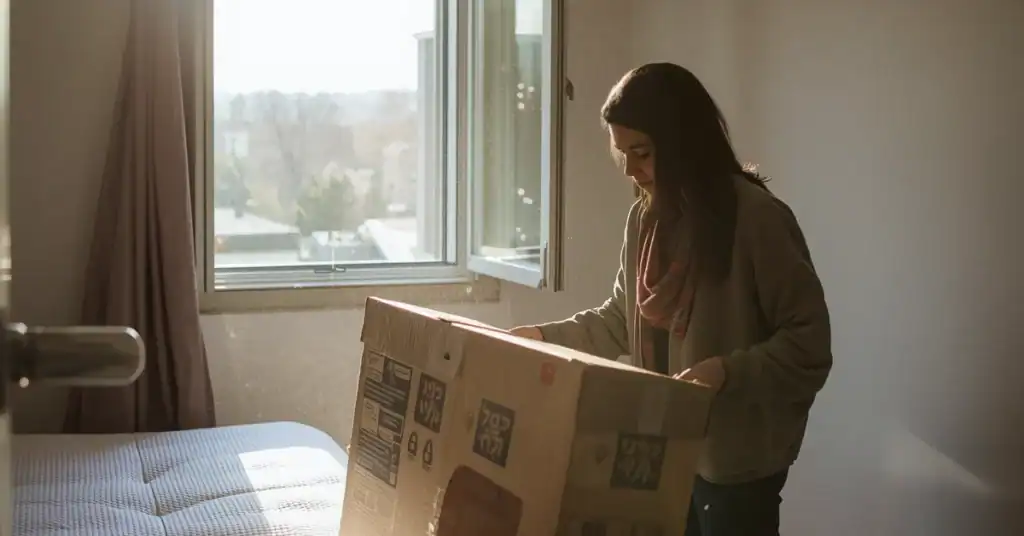 Woman unboxing a package in a small bedroom near an open window
