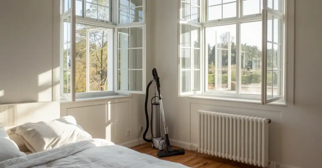 Bright bedroom with open windows and a vacuum for ventilation and cleaning