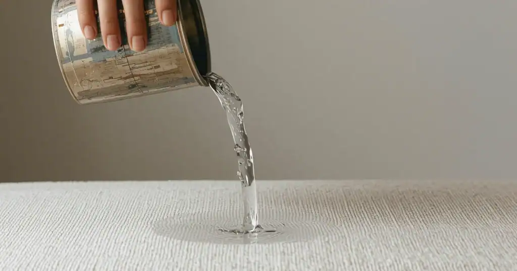 Water being poured onto light upholstery fabric, showing surface resistance on a tightly woven couch material.