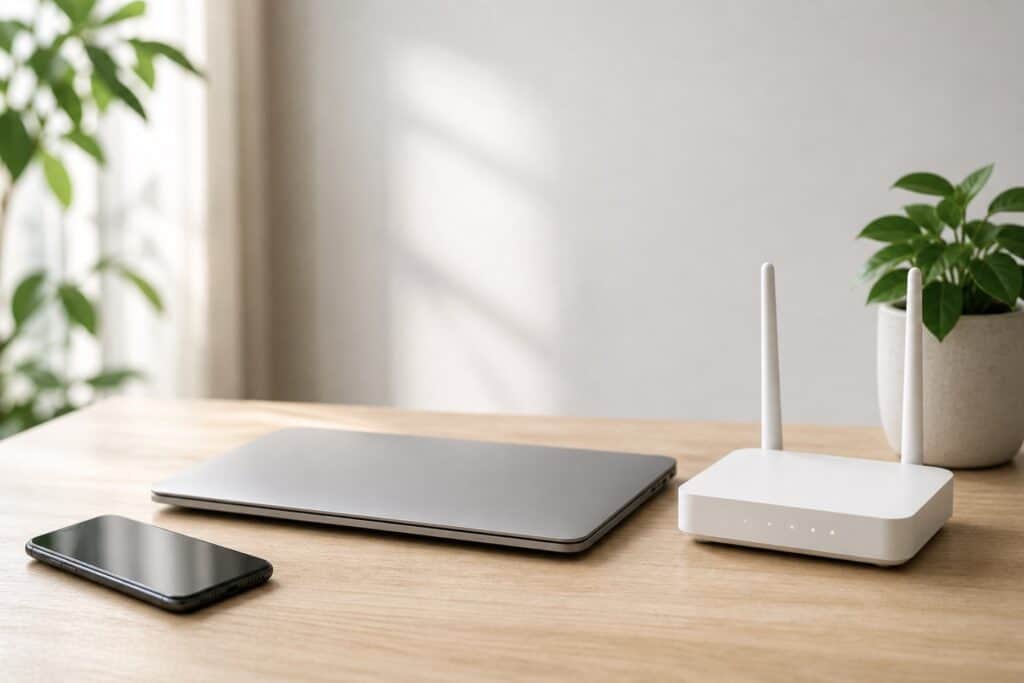 Minimalist home workspace with a laptop, smartphone, and WiFi router on a wooden desk in soft natural light