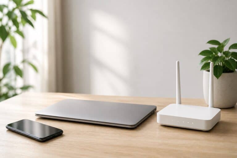 Minimalist home workspace with a laptop, smartphone, and WiFi router on a wooden desk in soft natural light