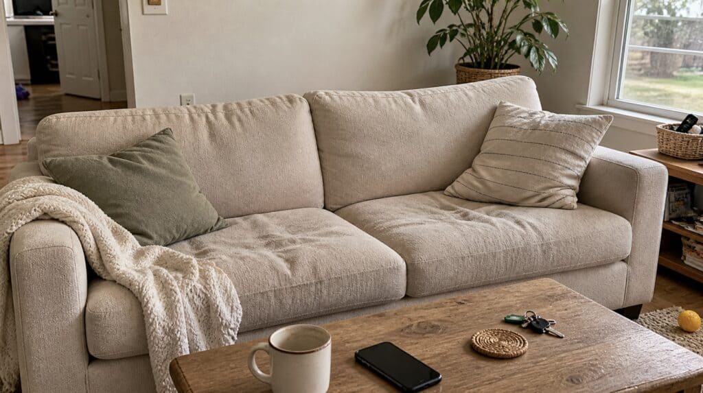 Beige fabric sofa in a lived-in living room with a coffee table, pillows, and everyday items in soft natural light