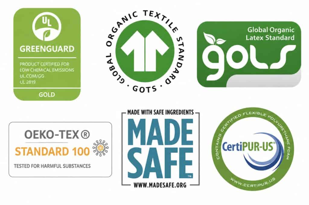 Collage of mattress and furniture certification logos including GREENGUARD Gold, GOTS, GOLS, OEKO-TEX Standard 100, MADE SAFE, and CertiPUR-US.