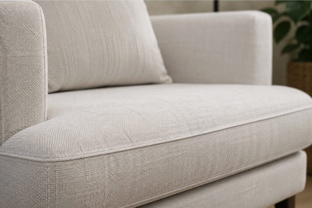 Close-up of a beige upholstered sofa cushion showing the fabric surface and padded foam-filled seat.