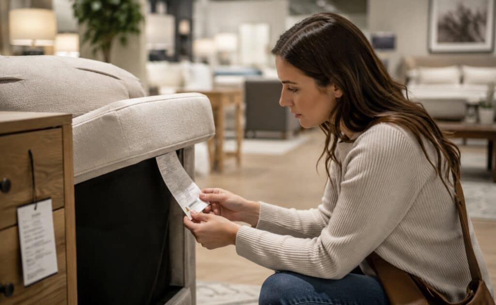 A shopper examining a warning label or product tag on a dresser or sofa in a furniture showroom.
