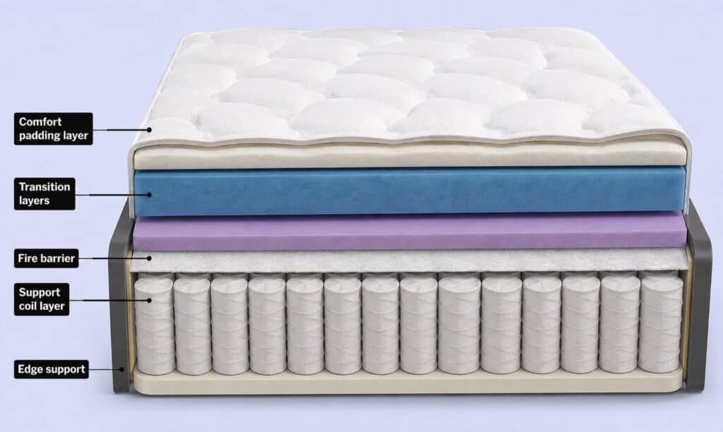 Cutaway view of a mattress showing labeled layers, including comfort padding, transition layers, a fire barrier, support coils, and edge support.