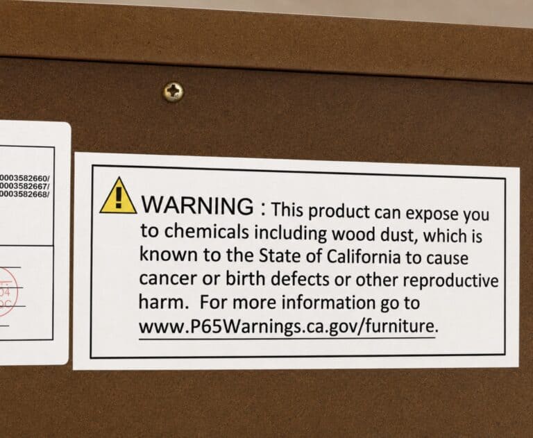 Close-up of a California Proposition 65 warning label attached to the back of a brown engineered wood furniture panel. The clean white sticker states that the product may expose users to chemicals including wood dust, which is known to cause cancer and reproductive harm.