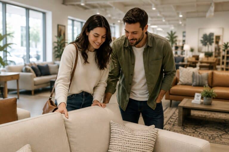 Couple shopping for furniture in a bright modern showroom while examining a beige sofa.