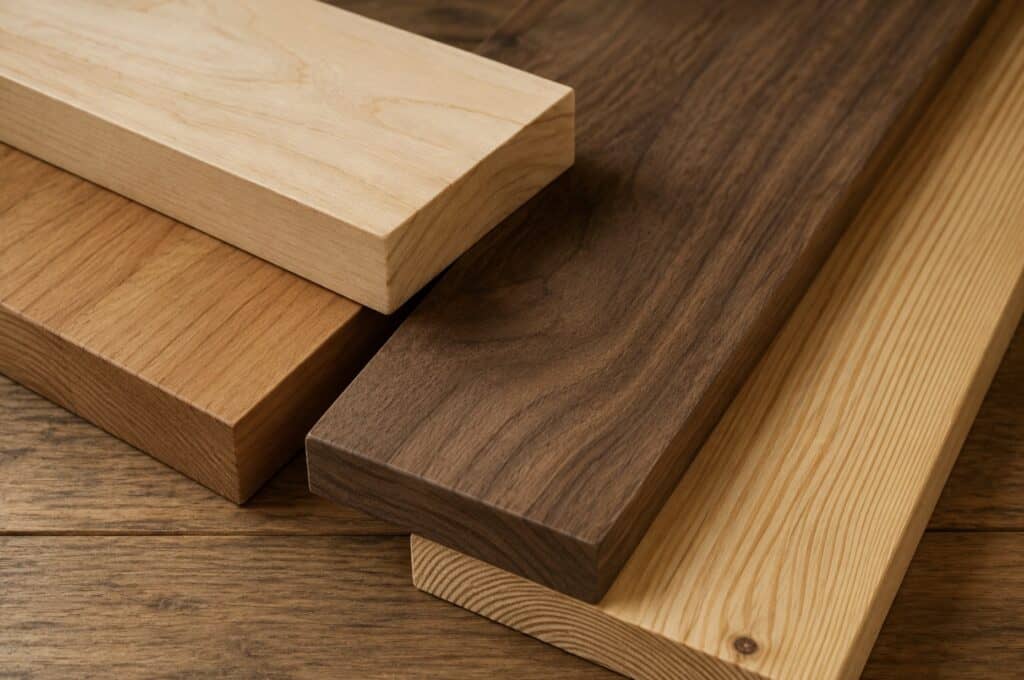 Solid wood boards in various species and finishes showing natural grain patterns and thick hardwood construction.