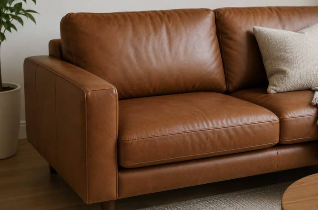 Brown leather sofa in a living room showing smooth leather upholstery and cushioned seating.