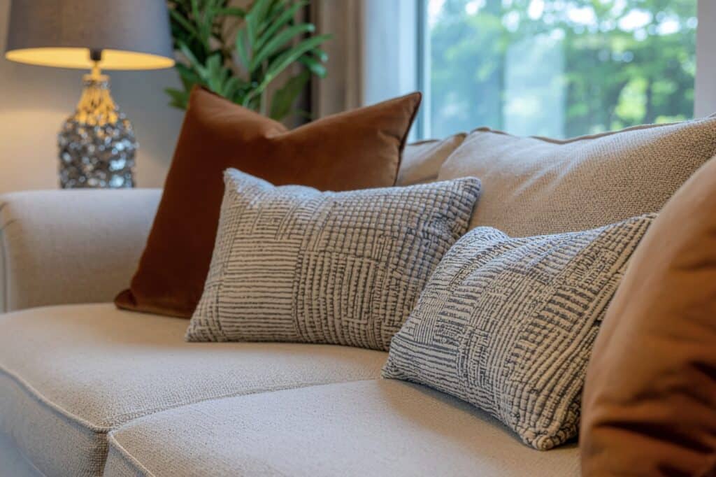 a polyester couch lined with pillows