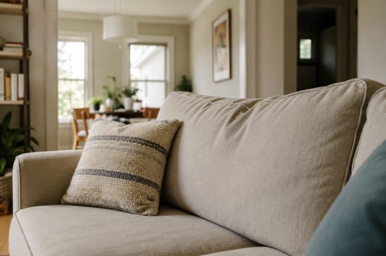 Close-up of a beige fabric couch with textured throw pillows in the foreground, with a softly blurred living and dining area in the background filled with natural light.