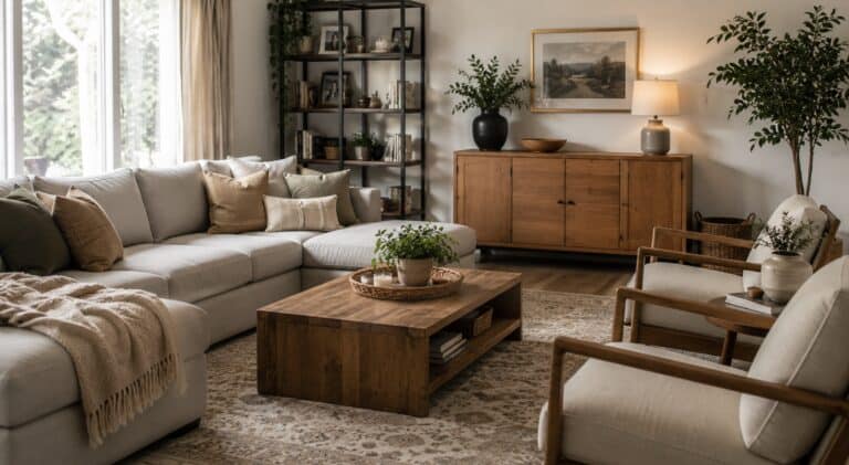 Realistic living room with a sectional sofa, wooden coffee table, accent chairs, shelving, and natural wood furniture in a warm neutral home setting.
