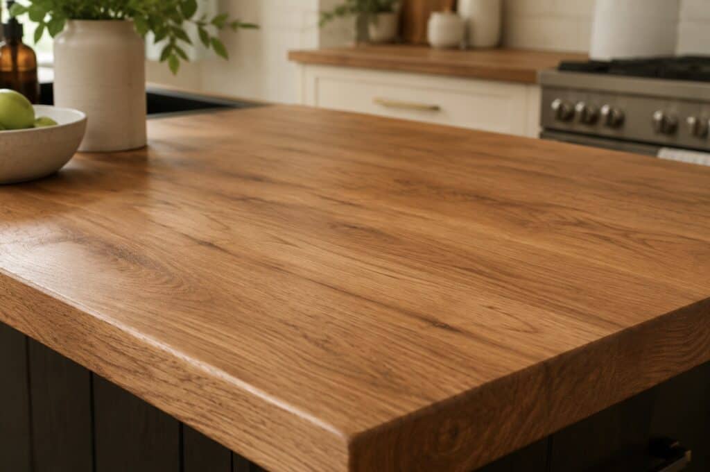 Close-up of a natural solid wood tabletop with visible grain and smooth edges.