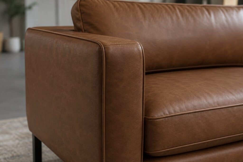 Close-up of a faux leather couch with synthetic fabric texture and stitched cushions.