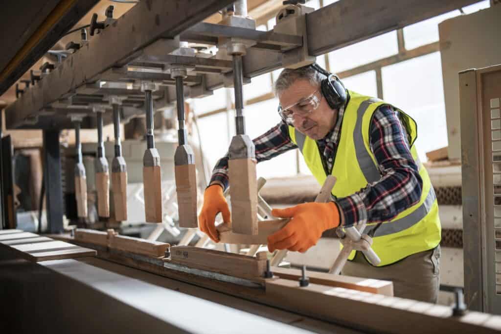 Person assembling wooden furniture in a factory
