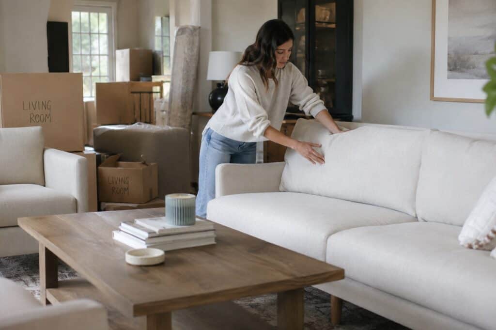 Woman arranging a new light-colored sofa in a lived-in living room surrounded by unpacked moving boxes and newly delivered furniture.
