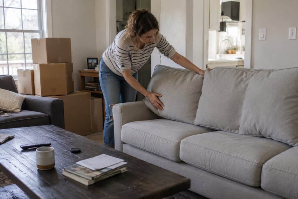 Woman arranging a new gray sofa in a lived-in living room with moving boxes, natural light, and everyday household items visible throughout the space.