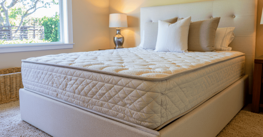 natural mattress in a bright bedroom with sunlight coming through the window