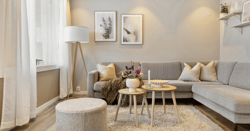 Bright living room with gray couch and natural light
