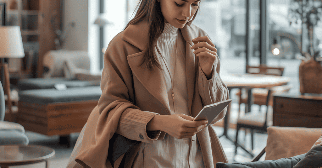 Woman checking sofa details while shopping in a furniture store