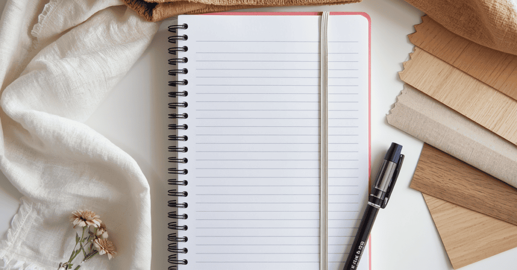 Blank shopping checklist with wood samples, fabric swatches, and a pen.