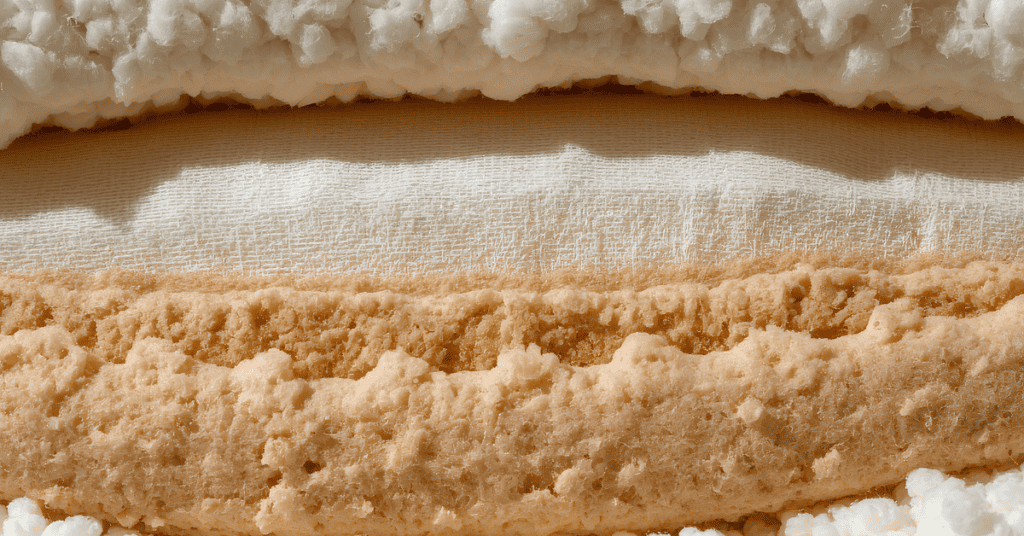 Close-up of layered couch cushion materials with foam and fabric