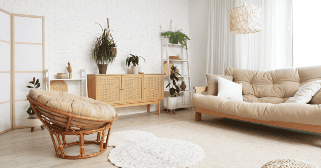 Bright living room with natural wood furniture and neutral decor