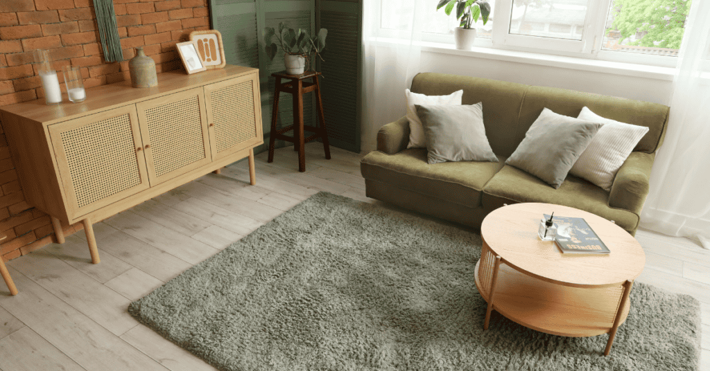 Natural living room with a green sofa, wooden furniture, and bright window light.