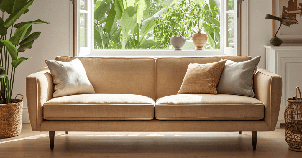 Beige sofa near an open window in an airy living room