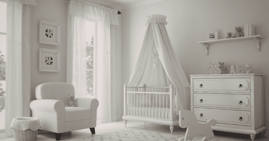 White nursery with crib, dresser, rocking chair, and soft natural light.