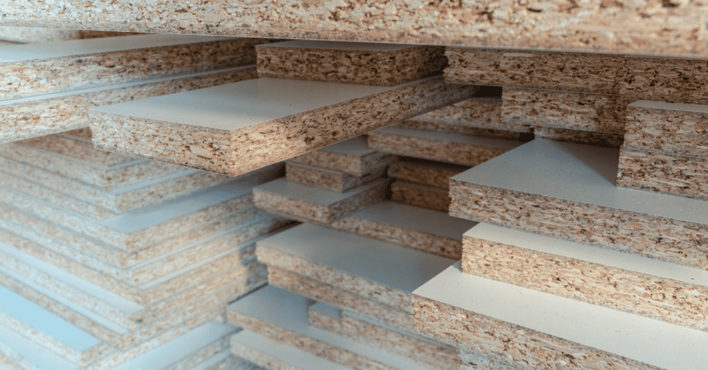 Close-up of stacked particle board panels used in furniture construction.